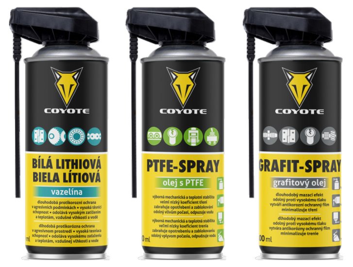 olej COYOTE set 3x400 ml spray (PTFE, Grafit, Lithium)